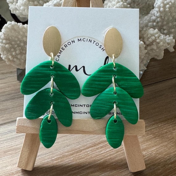 Green Leaf Polymer Clay Earrings on Gold Post