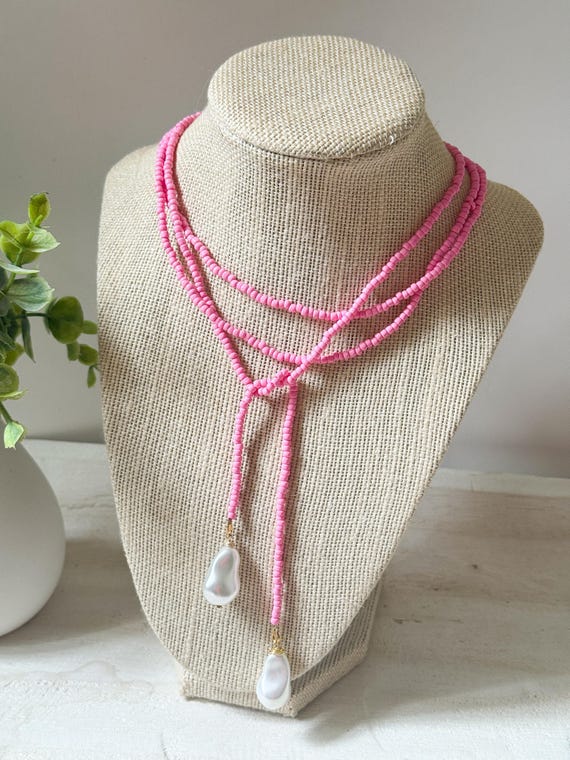 Pink Glass Seed Bead Lariat Necklace with Baroque Pearl Pendants | Wrap Necklace | Graduation Gift
