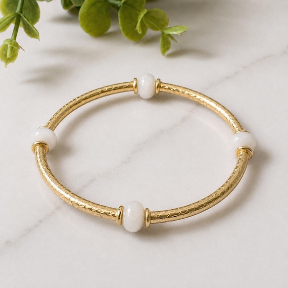Gold Tube + White Glass Candy Bead Stretch Bracelet | Bangle | Stackable Beaded | Summer Bracelet | Everyday Jewelry | Gifts For Her