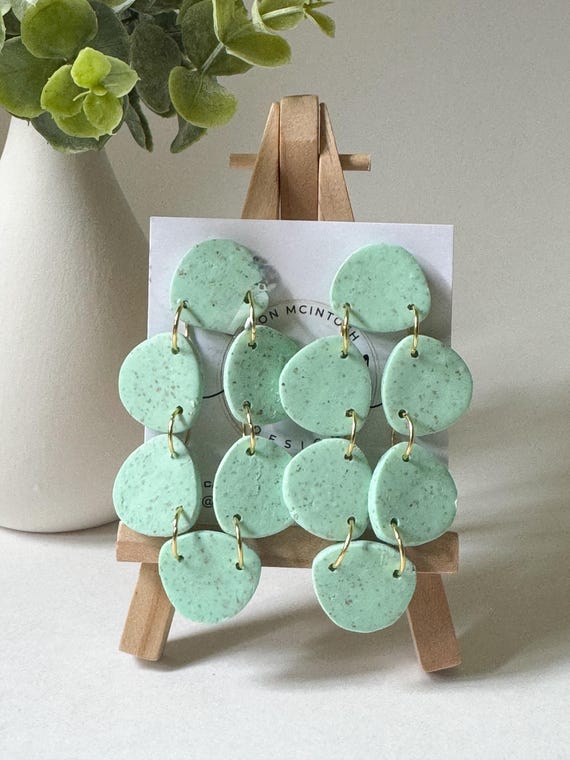 Mint Green and Gold Fleck Geometric Polymer Clay Statement Earrings | Summer Earrings