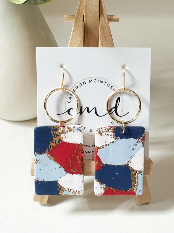 Red White and Blue Polymer Clay  and Gold Circle Hook Earrings | Rectangle | Lightweight | 4th of July | Patriotic | Ole Miss