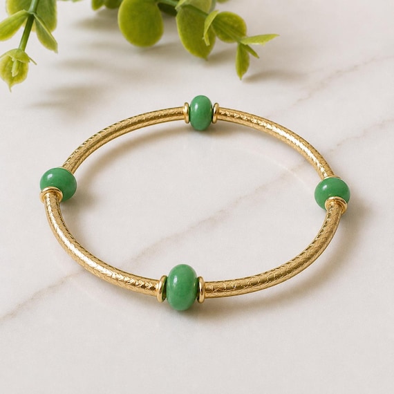 Gold Tube + Green Glass Candy Bead Stretch Bracelet | Bangle | Stackable Beaded | Summer Bracelet | Everyday Jewelry | Gifts For Her