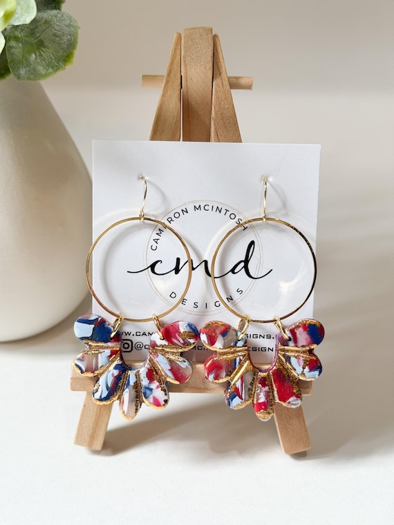 Red White Blue and Gold Leaf Polymer Clay + Circle Drop Earrings on Gold Hooks