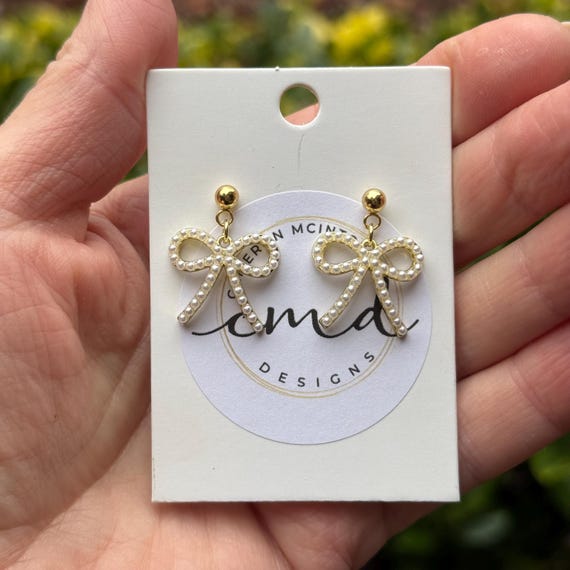 Dainty Pearl and Gold Bow Studs
