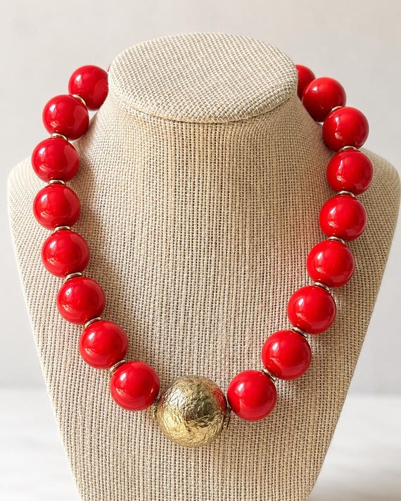 Chunky Red and Gold Bubblegum Bead Necklace | Game Day | Statement