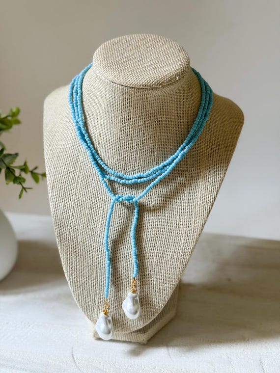Light Blue Glass Seed Bead Lariat Necklace with Baroque Pearl Pendants | Wrap Necklace | Game Day