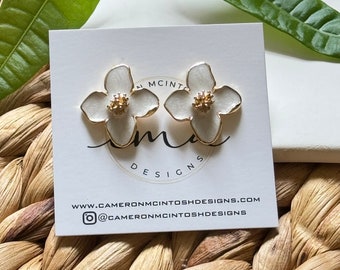 White Enamel and Gold Flower Studs