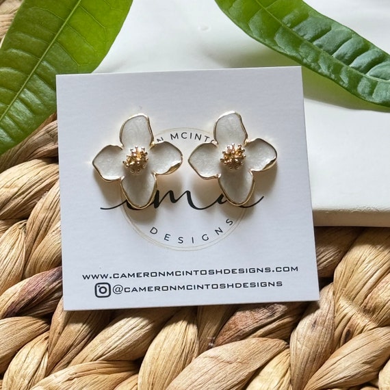 White Enamel and Gold Flower Studs