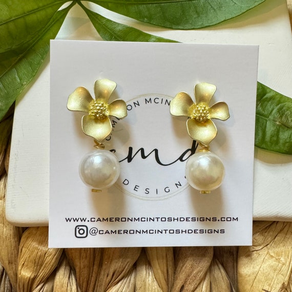 Matte Gold Flower Stud and Pearl Earrings