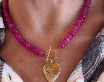 Fuchsia Gemstone Necklace with Toggle and Heart Pendant | Pink Candy Bead Necklace