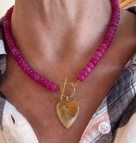 Gemstone Necklace with Toggle and Heart Pendant
