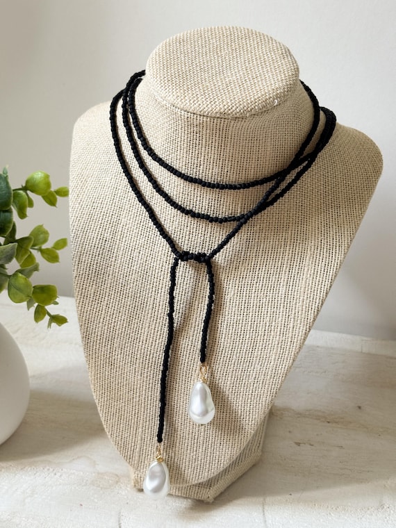 Frosted Black Glass Seed Bead Lariat Necklace with Baroque Pearl Pendants | Wrap Necklace | Game Day