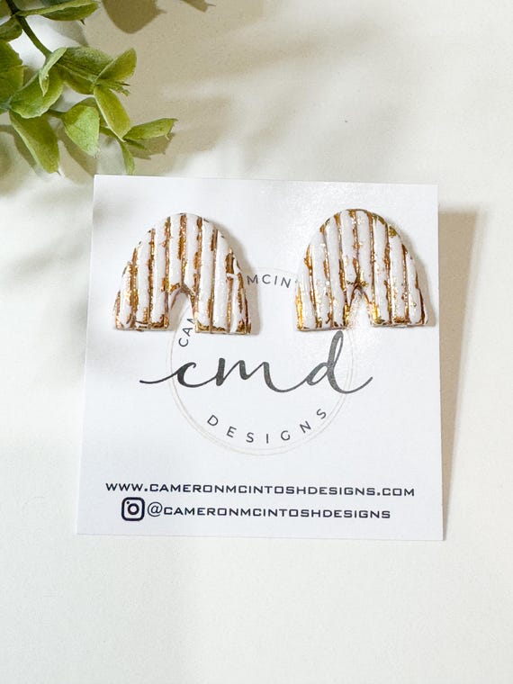 White and Gold Striped Mini Arch Polymer Clay + Resin Stud Earrings | Lightweight | Summer Studs