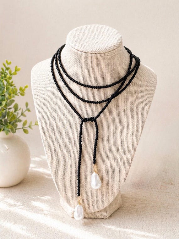 Frosted Black Seed Bead Lariat Necklace | Faux Baroque Pearl Pendants, Wrap Style