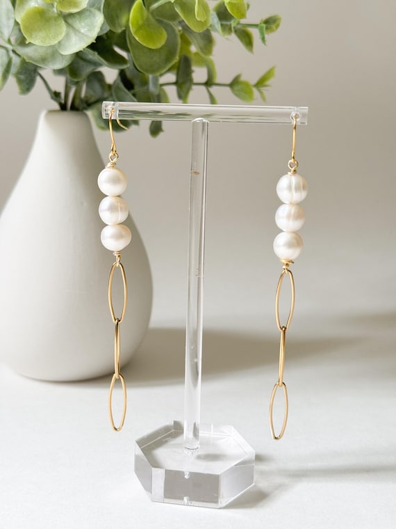 Long Freshwater Pearl and Gold Paperclip Chain Earrings
