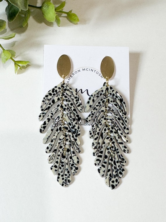 Long Black and White Acetate Leaf Earrings on Gold Stud Post | Statement Earrings