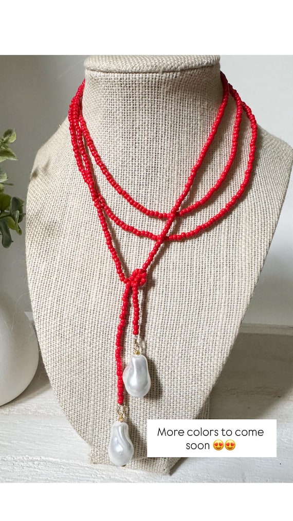 Red Glass Seed Bead Lariat Necklace with Baroque Pearl Pendants | Weap necklace | Game Day