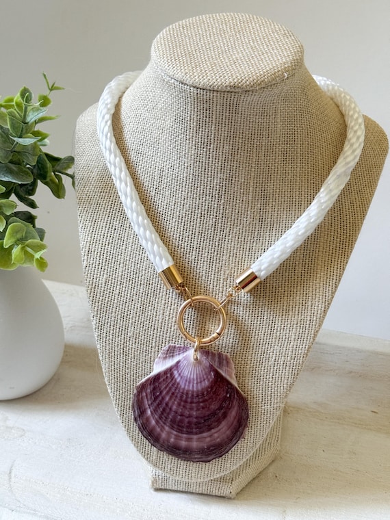White Rope Necklace with Gold Carabiner Clasp + Shell Pendant