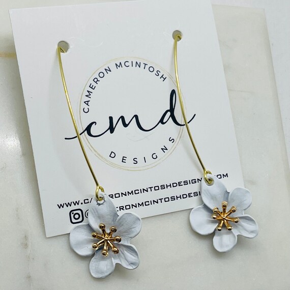 White Flower Earrings on Long Hook