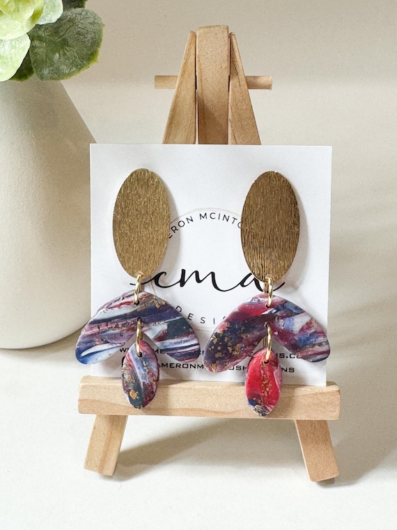 Red White and Blue Leaf Polymer Clay Earrings on Oval Gold Post | Lightweight | 4th of July | Ole Miss