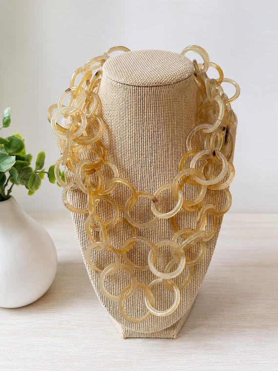 Chunky Triple Layer Acrylic Link Statement Necklace | Neutral Translucent Lightweight Collar Necklace