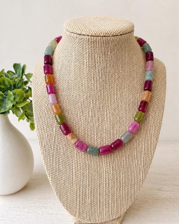 Colorful Tourmaline Barrel Bead Necklace with Carabiner Clasp