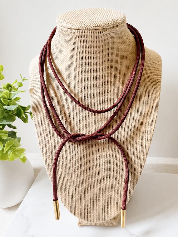 Long Chocolate Brown Cord Wrap Necklace with Gold Ends