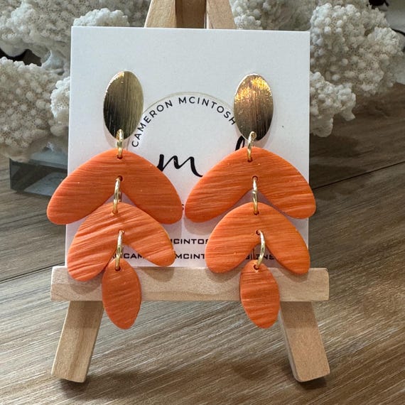 Orange Leaf Polymer Clay Earrings on Gold Post