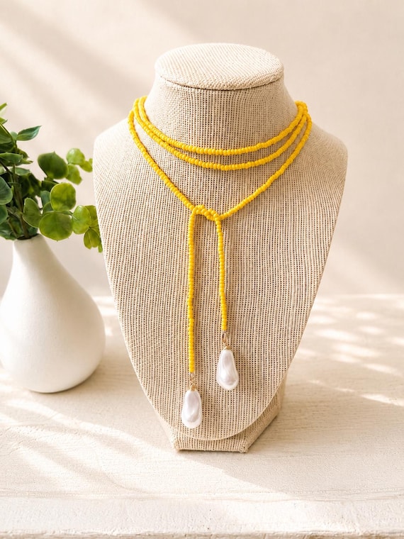 Yellow Glass Seed Bead Lariat Necklace | Baroque Shell Pearl Pendants | 54” Long Wrap