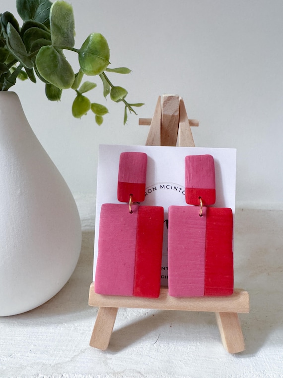 Red and Pink Color Block Double Rectangle Polymer Clay Earrings