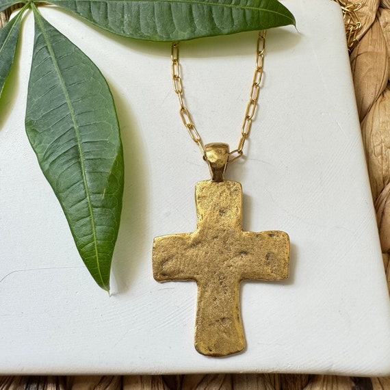 Rustic Gold Pewter Cross in Dainty Paperclip Chain