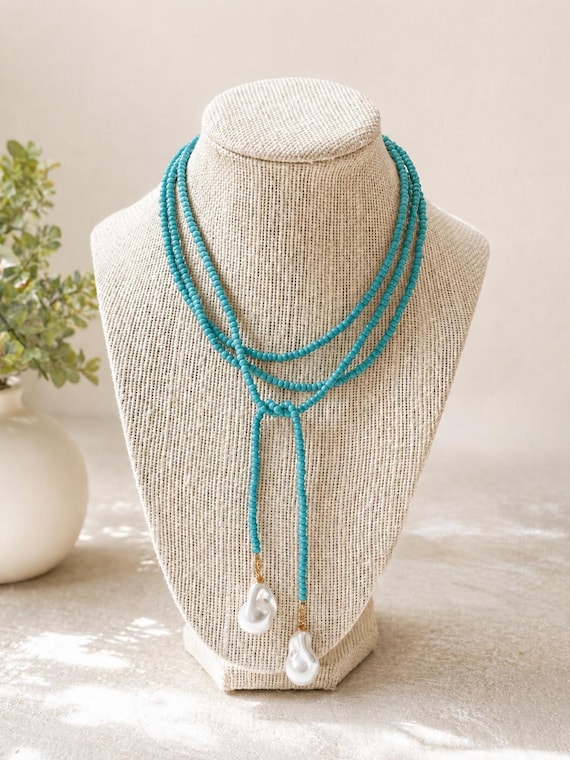 Turquoise Blue Glass Seed Bead Lariat Necklace | Baroque Shell Pearl Pendants | Long 54” Wrap