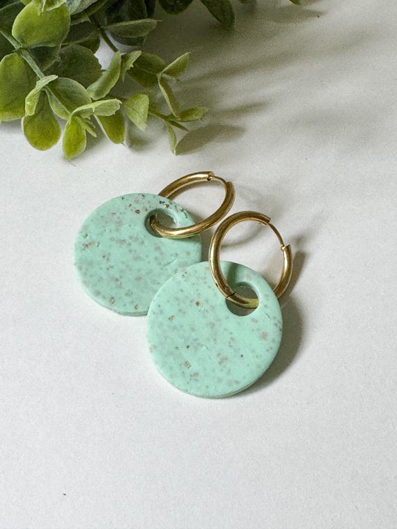 Mint Green and Gold Fleck Round Charm Polymer Clay Earrings | Summer Earrings | Huggie Hoop | Interchangeable