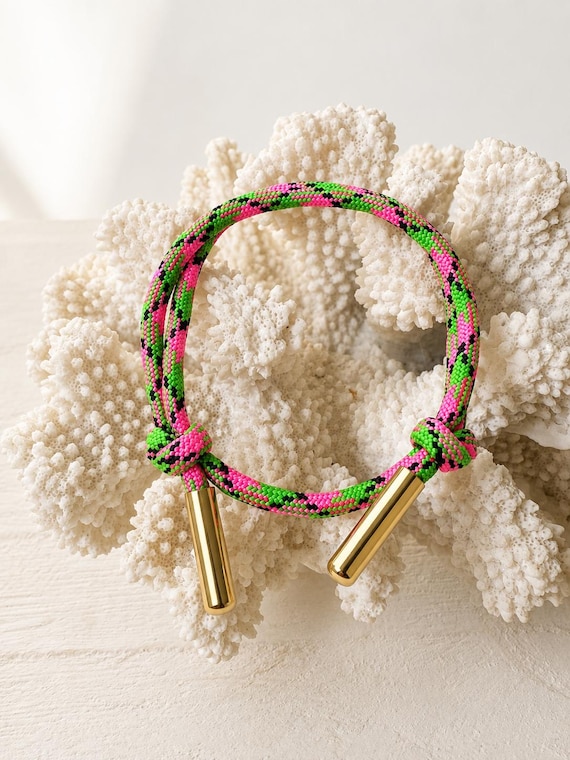 Pink, Black and Green Adjustable Paracord Bracelet with Gold Ends | Cord Bracelet