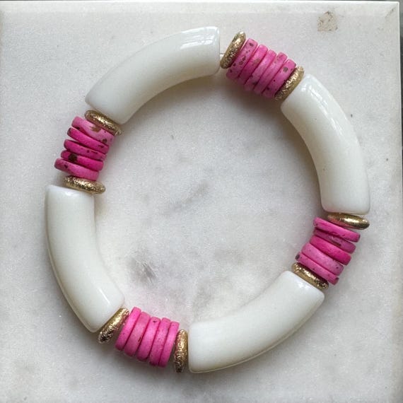 White, Pink and Gold Acrylic Tube Bead Bracelet | Chunky Bracelet | Summer | Statement
