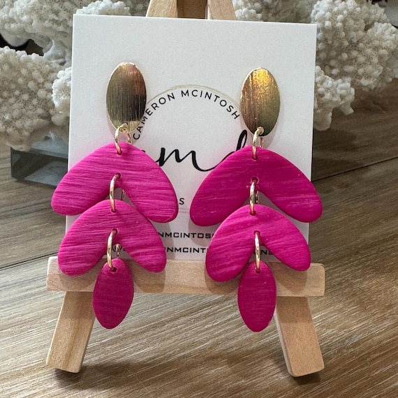 Fuchsia Leaf Polymer Clay Earrings on Gold Post