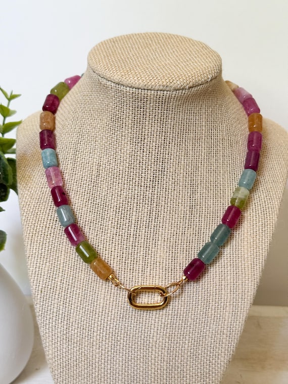 Colorful Tourmaline Barrel Bead Necklace with Carabiner Clasp