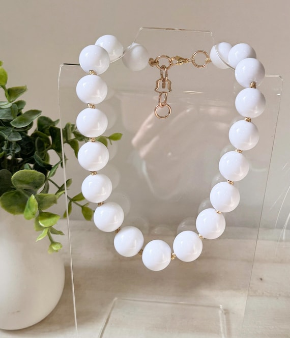 Hand Knotted White + Gold Bubblegum Bead Necklace | Short Chunky Necklace