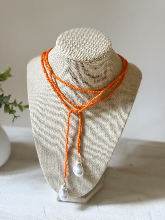 Orange Glass Seed Bead Lariat Necklace with Baroque Pearl Pendants | Wrap Necklace | Game Day