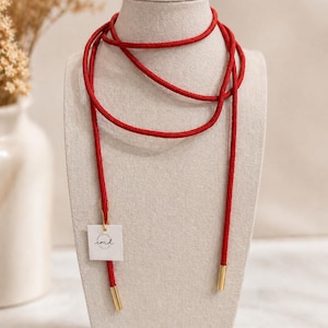 Long Red Cord Wrap Necklace with Gold Ends