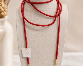 Long Red Cord Wrap Necklace with Gold Ends