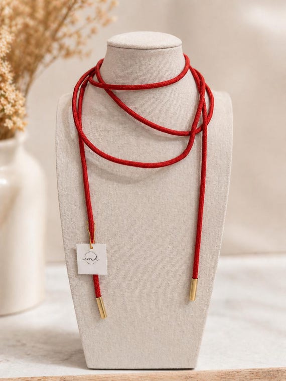 Long Red Cord Wrap Necklace with Gold Ends