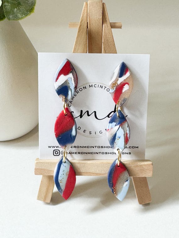 Red White and Blue Triple Marquis Polymer Clay Drop Earrings | Post | Ole Miss | 4th of July