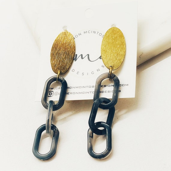 Gray Link Earrings on Long Gold Hook