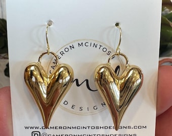 Gold Puffy Heart Dangle Earrings