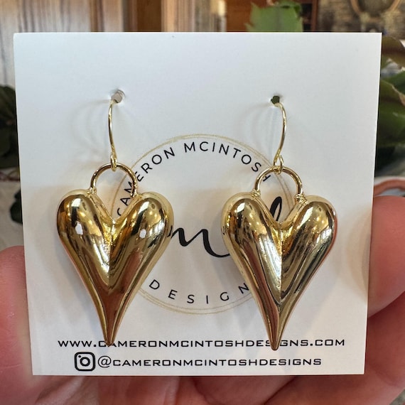 Gold Puffy Heart Dangle Earrings
