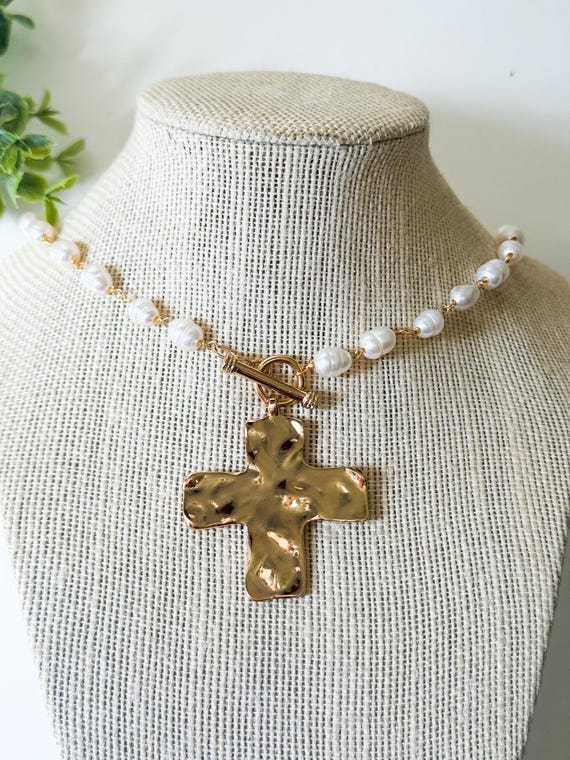 Freshwater Pearl and Cross Necklace | Reversible | Toggle Clasp | Handmade