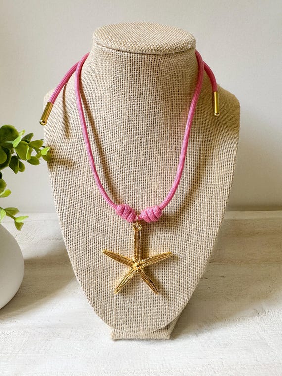Pink Cord Necklace With Gold Starfish Pendant