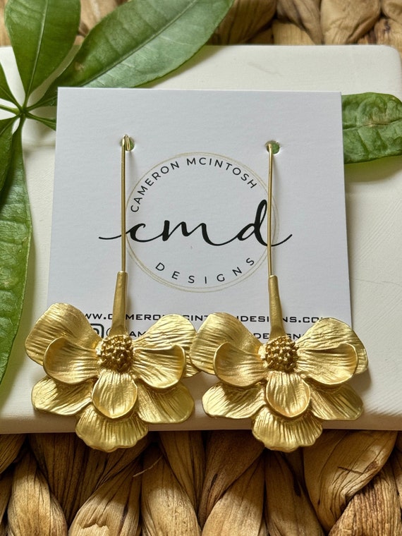 Long Matte Gold Flower Earrings