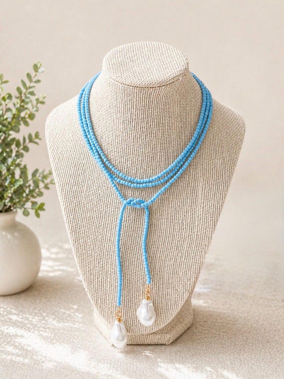 Light Blue Glass Seed Bead Lariat Necklace with Baroque Pearl Pendants | Wrap Necklace | Game Day